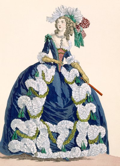 Aufwendiges königliches Hofkleid in Marineblau mit üppigem weißen Rüschendesign, graviert von Dupin, Platte Nr. 277 aus 